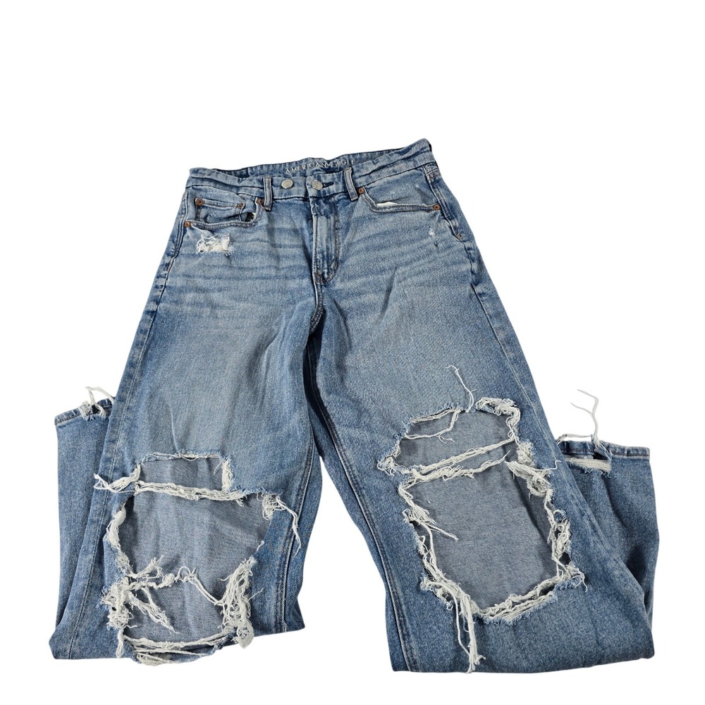 American Eagle Curvy Super High-Rise Baggy Straight Distressed Jeans Blue 8S